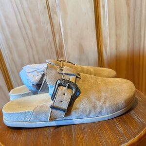 American Eagle Outfitters Tan Suede Western Buckle Mules